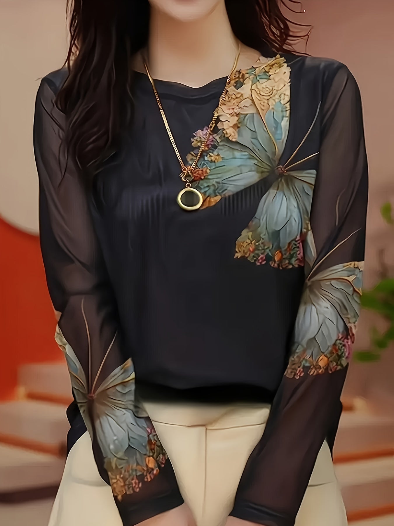 Floral Butterfly Print Women’s Tulle Top Long Sleeve Semi-Sheer Shirt