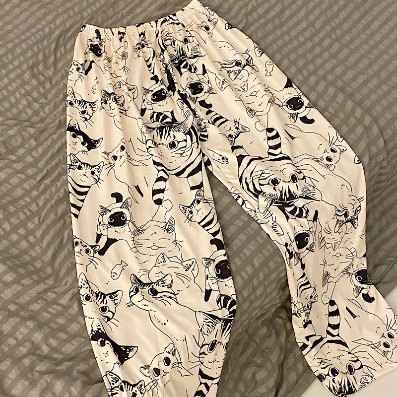 Cute Cat Print Pajama Trousers for Women Loose Fit Sleepwear Lounge Pants