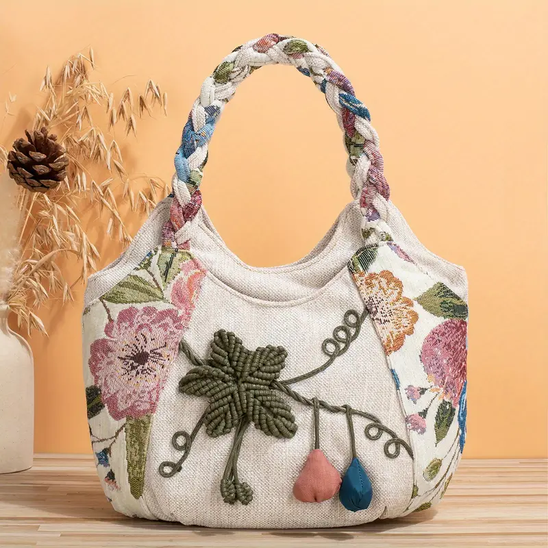 Handmade Bohemian Flower Tote Bag with Foldable Zipper, Shoulder Strap, and Matching Wristlet for Women’s Vacation