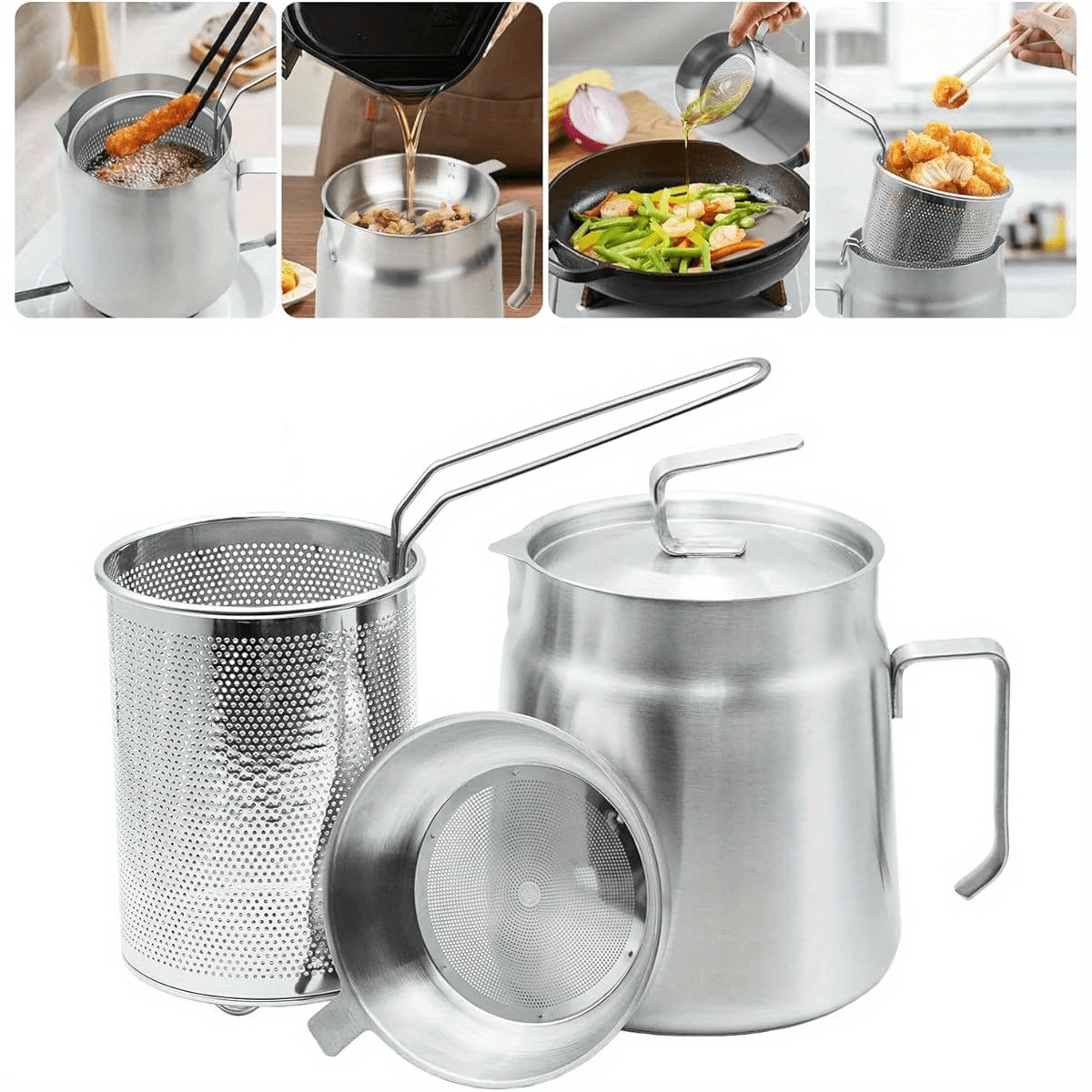 Stainless Steel Oil Filter Pot with Fine Mesh Strainer & Fry Basket – Grease Container for Kitchen Cooking Oil Storage - CartRare
