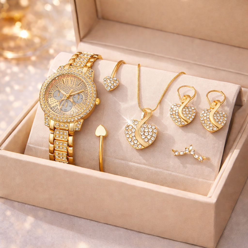 Luxury Women’s Gold Quartz Watch & Jewelry Set