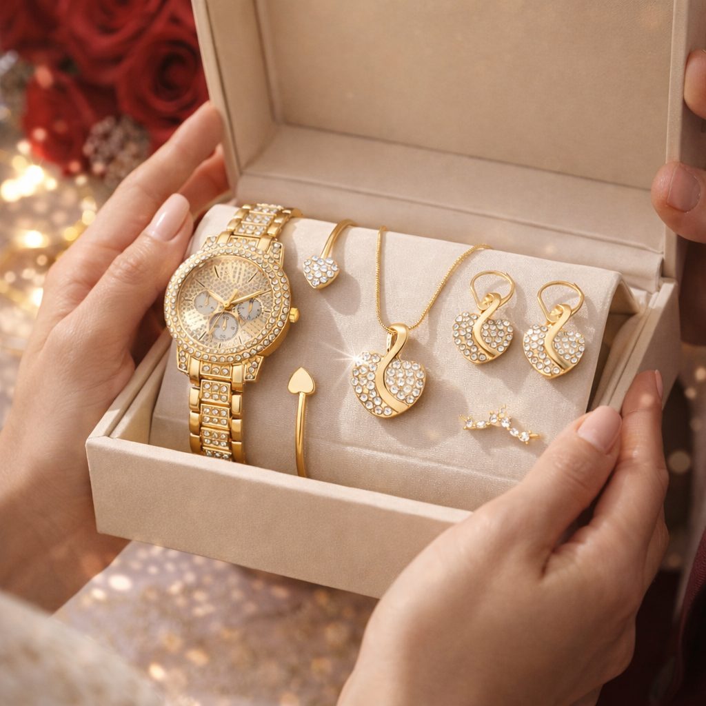 Luxury Women’s Gold Quartz Watch & Jewelry Set