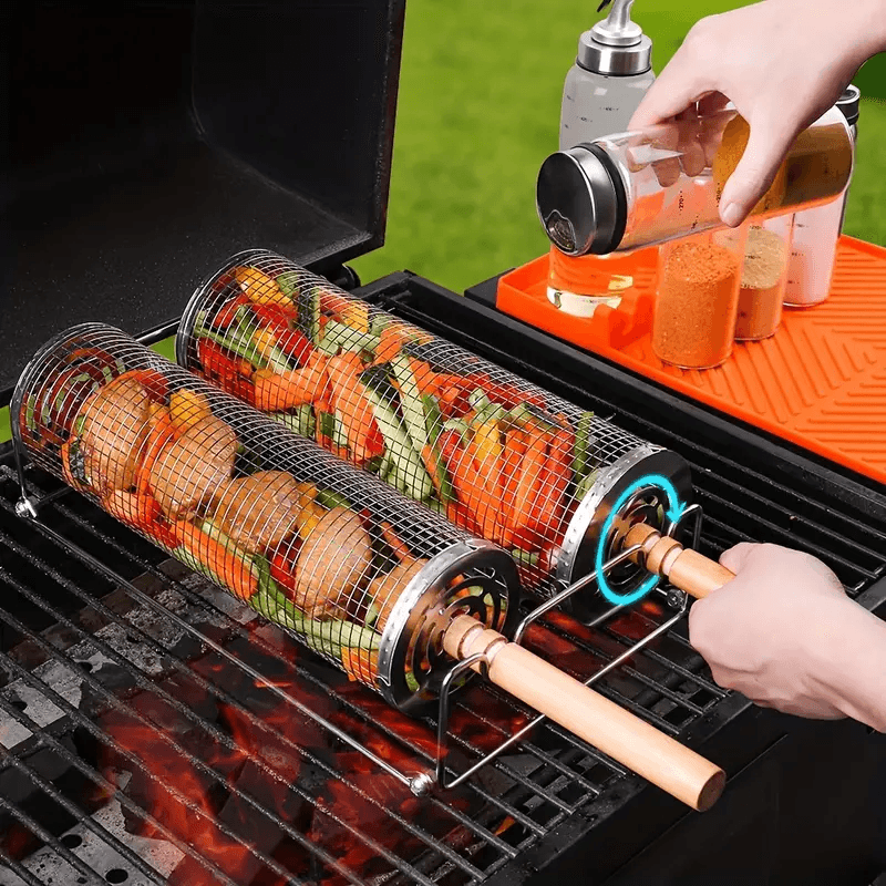 Stainless Steel BBQ Grill Basket with Wood Handle – Non-Stick Rolling Grilling Cage for Vegetables & Meat – Outdoor Camping & BBQ Accessories - CartRare