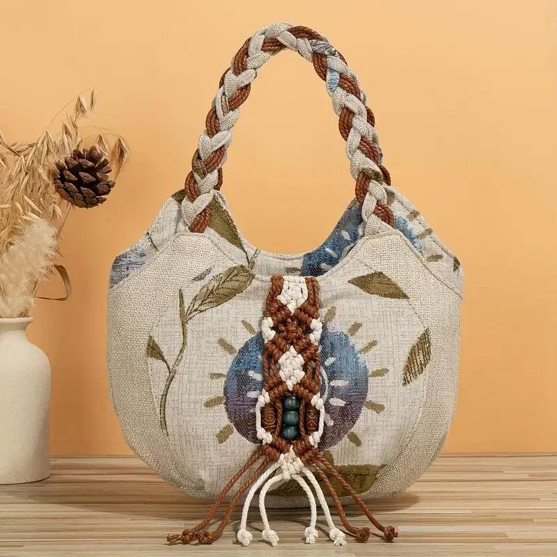 Handmade Bohemian Flower Tote Bag with Foldable Zipper, Shoulder Strap, and Matching Wristlet for Women’s Vacation - CartRare
