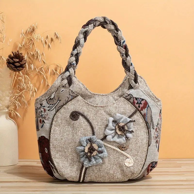 Handmade Bohemian Flower Tote Bag with Foldable Zipper, Shoulder Strap, and Matching Wristlet for Women’s Vacation
