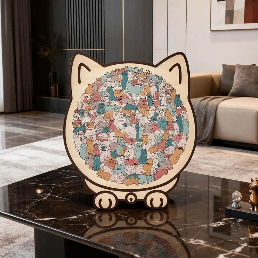 135-Piece Cat Shaped Wooden Puzzle – Colorful Morandi Animal Art Jigsaw - CartRare