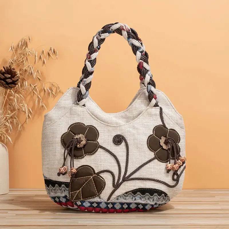 Handmade Bohemian Flower Tote Bag with Foldable Zipper, Shoulder Strap, and Matching Wristlet for Women’s Vacation - CartRare