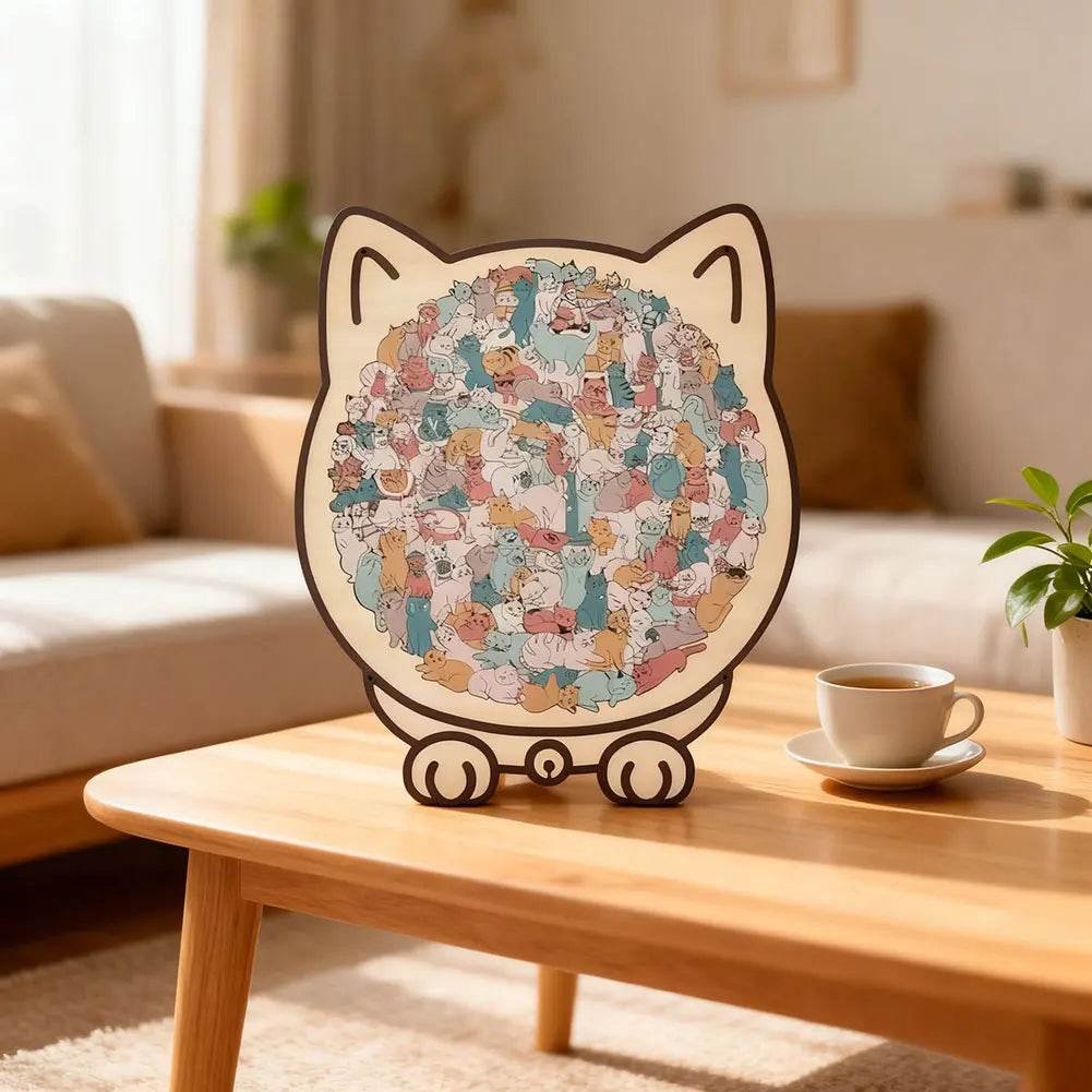 135-Piece Cat Shaped Wooden Puzzle – Colorful Morandi Animal Art Jigsaw - CartRare