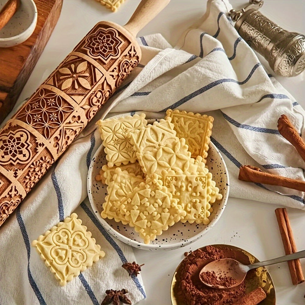 Premium Patterned Wooden Rolling Pin Embossed Dough & Baking Tool for All Designs