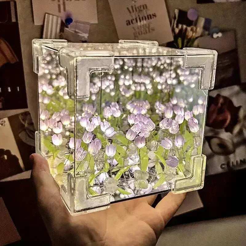 DIY Tulip Mirror Cube Lamp – Handmade Romantic Flower Table Light for Home Decor - CartRare