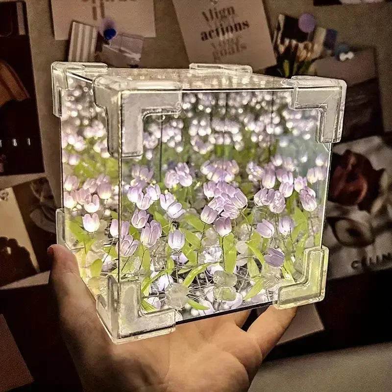 DIY Tulip Mirror Cube Lamp – Handmade Romantic Flower Table Light for Home Decor - CartRare
