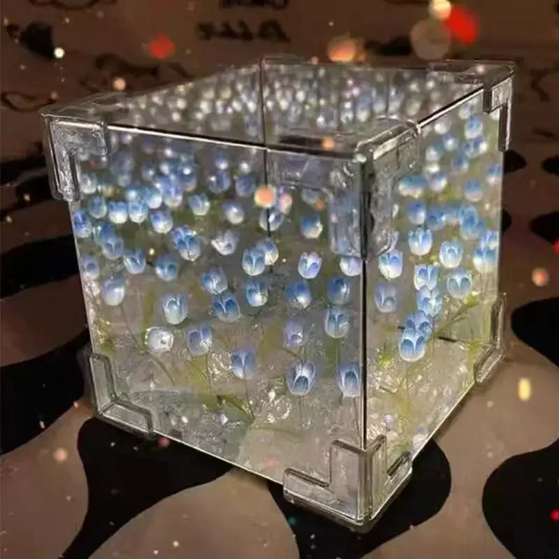 DIY Tulip Mirror Cube Lamp – Handmade Romantic Flower Table Light for Home Decor - CartRare