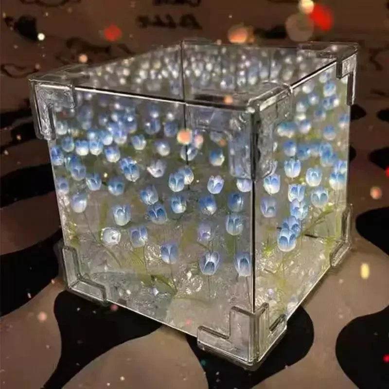 DIY Tulip Mirror Cube Lamp – Handmade Romantic Flower Table Light for Home Decor - CartRare