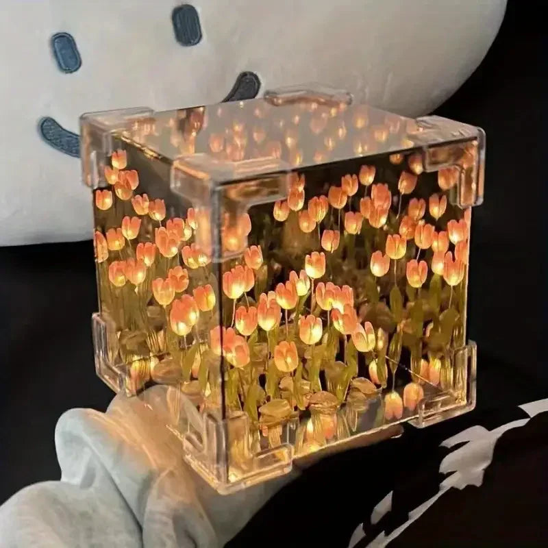 DIY Tulip Mirror Cube Lamp – Handmade Romantic Flower Table Light for Home Decor - CartRare