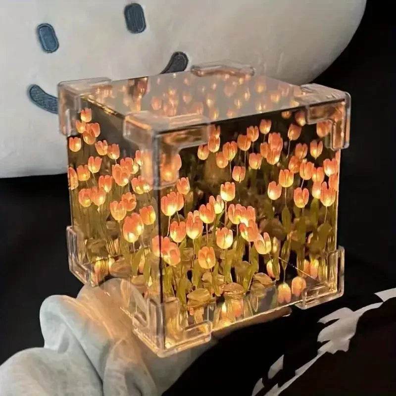 DIY Tulip Mirror Cube Lamp – Handmade Romantic Flower Table Light for Home Decor - CartRare
