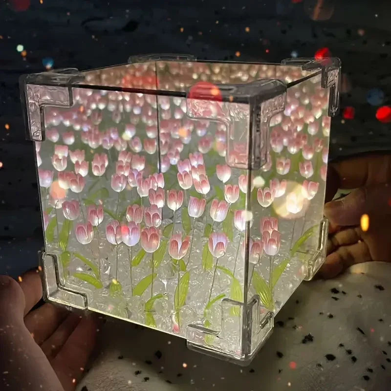 DIY Tulip Mirror Cube Lamp – Handmade Romantic Flower Table Light for Home Decor - CartRare