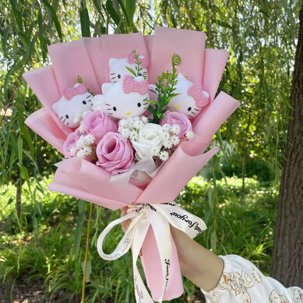 Cute Kawaii Cat Plush Bouquet with Artificial Flowers