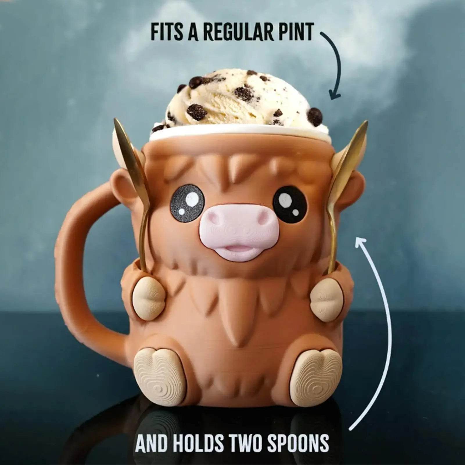 Ice Cream Pint Holder – Highland Cow Dessert Tub with Antifreeze Handle for Yogurt, Mixes & Kids Treats - CartRare