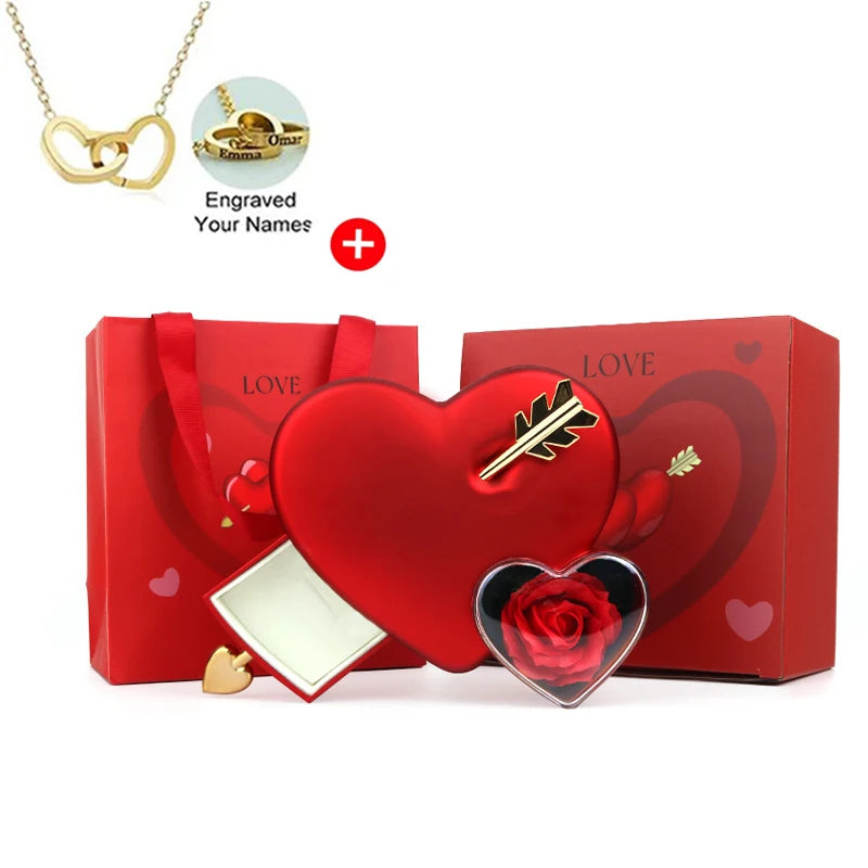 Custom Name Necklace & Eternal Rose Heart Jewelry Gift Box