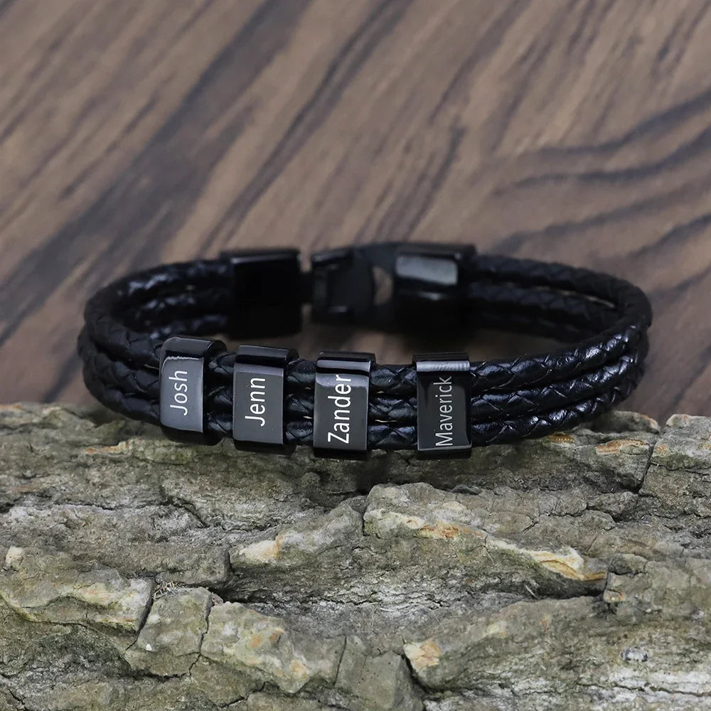 Personalized Men's Leather Bracelet – Custom Name Engraved Gift for Husband, Dad, Father's Day - CartRare