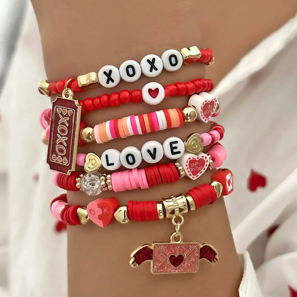 6Pcs Valentine Love Heart Bracelet Set Pink Beaded Bangles - CartRare