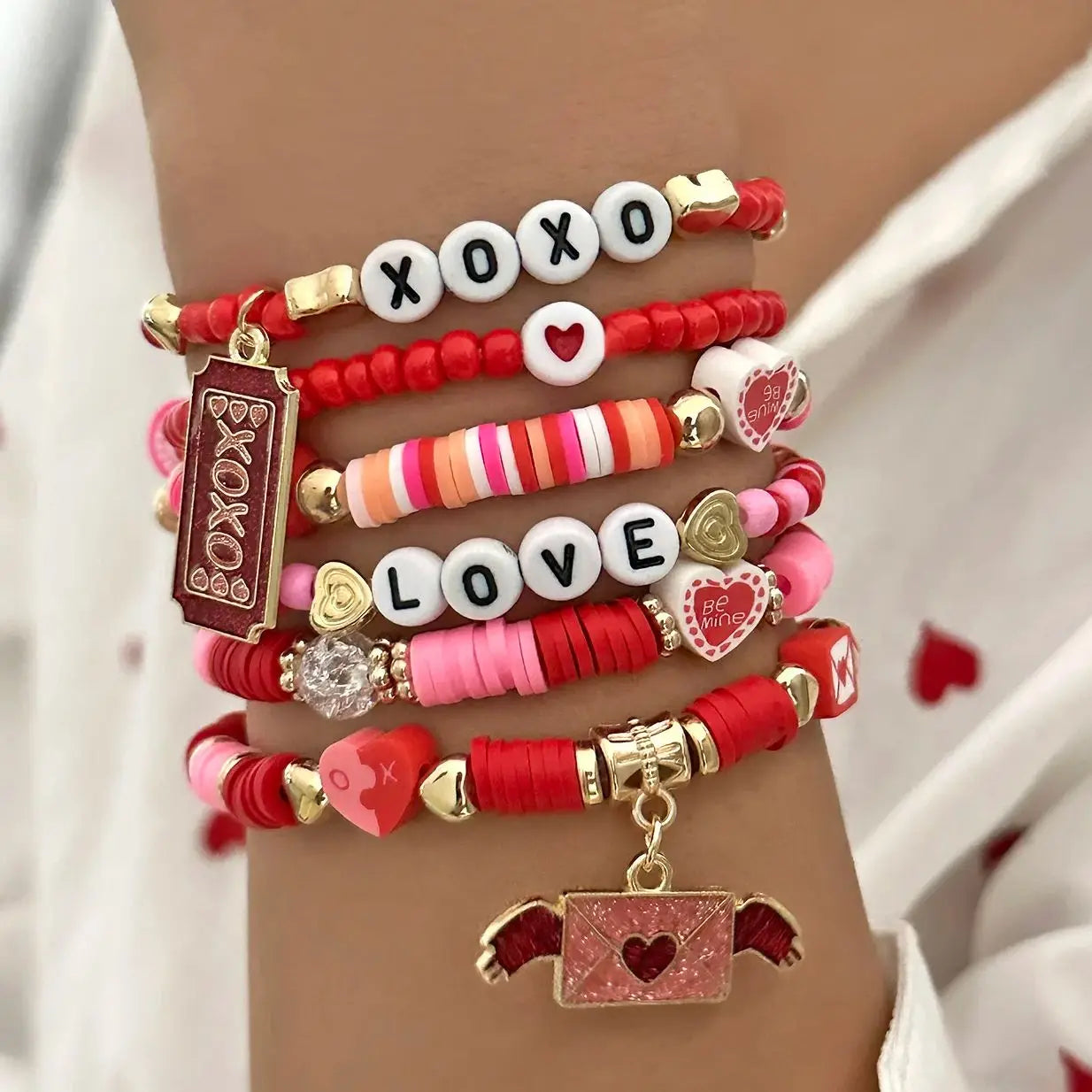 6Pcs Valentine Love Heart Bracelet Set Pink Beaded Bangles