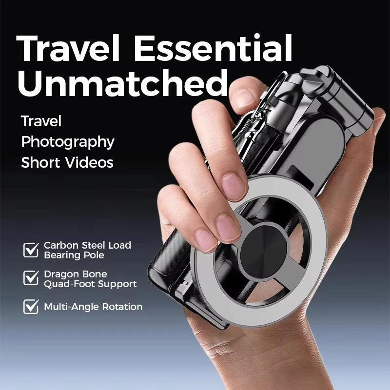 Hand holding a camera stabilizer with text highlighting features on a black and gray gradient background