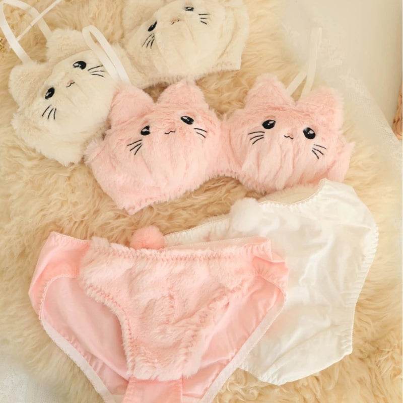 2-Piece Anime Lingerie Set – Soft Plush Bra & Panty with Cartoon Cats Design for Women & Girls - CartRare