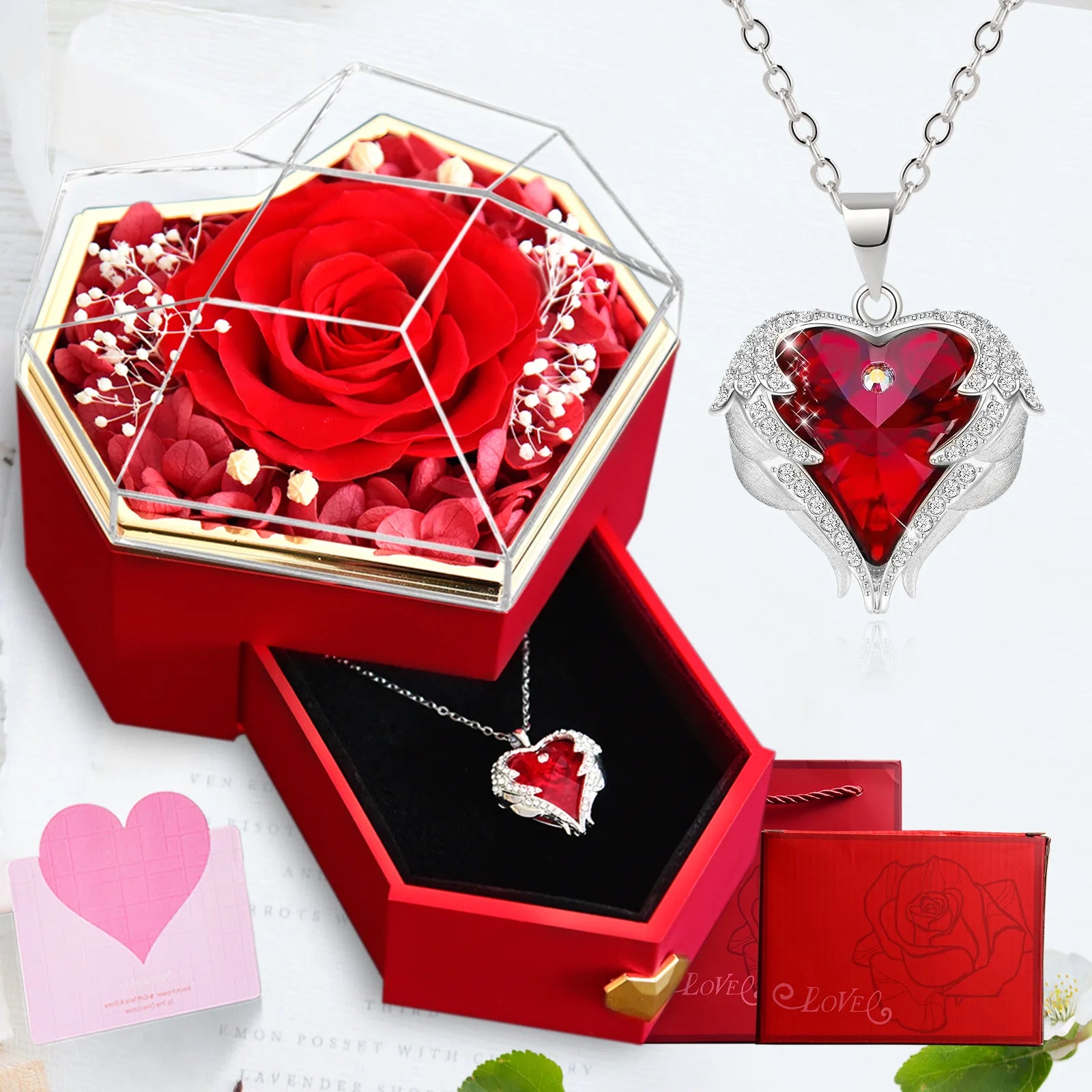 Ocean Heart Crystal Necklace – Eternal Rose Heart-Shaped Jewelry Box, Romantic Gift for Her on Valentine’s Day & Christmas