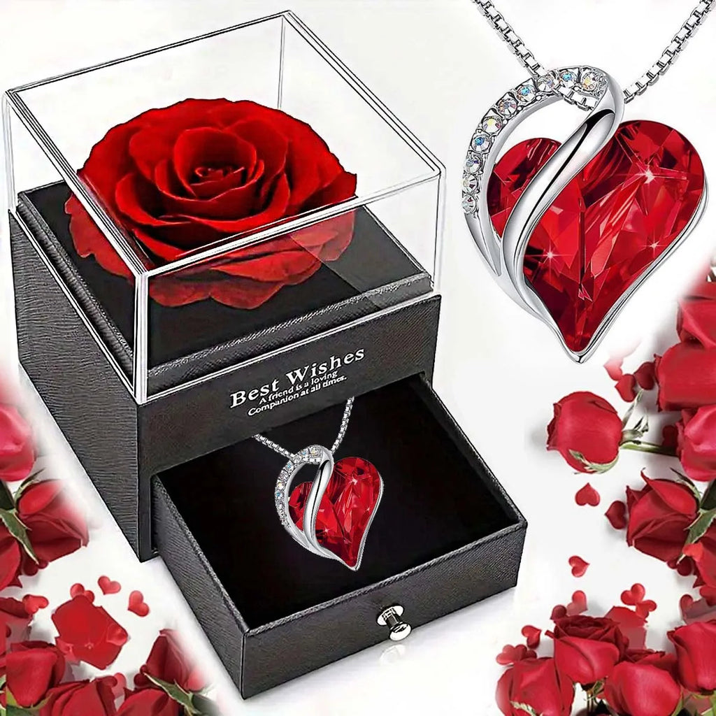 Red rose in clear box with heart pendant necklace, perfect gift for loved ones