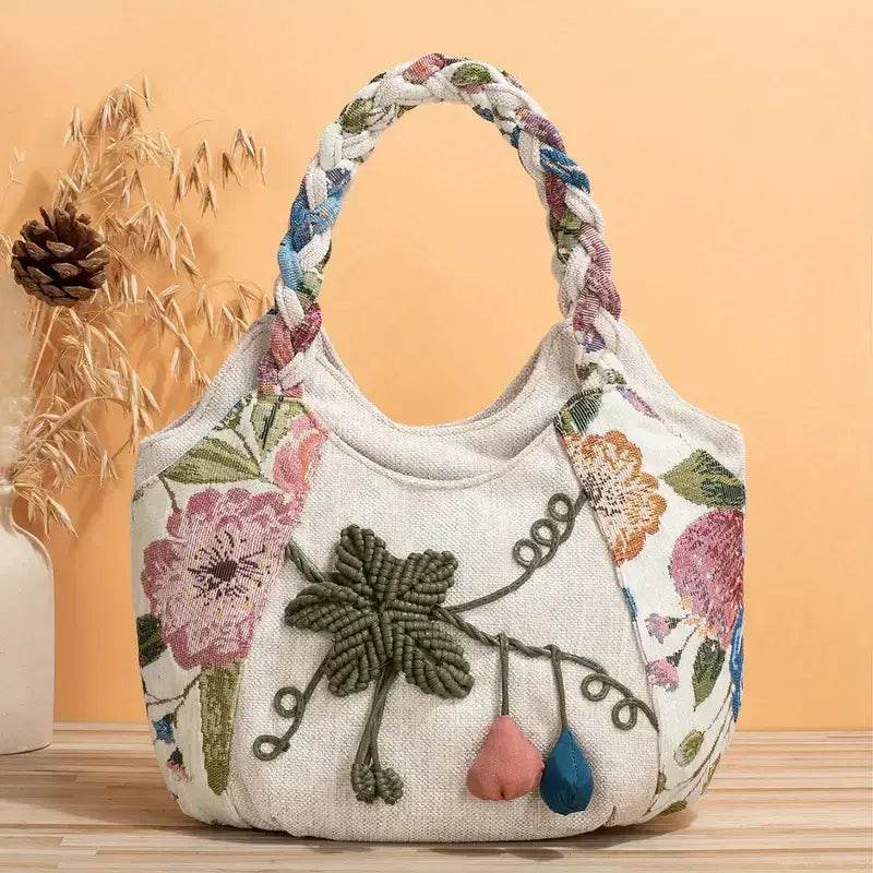 Handmade Bohemian Flower Tote Bag with Foldable Zipper, Shoulder Strap, and Matching Wristlet for Women’s Vacation - CartRare