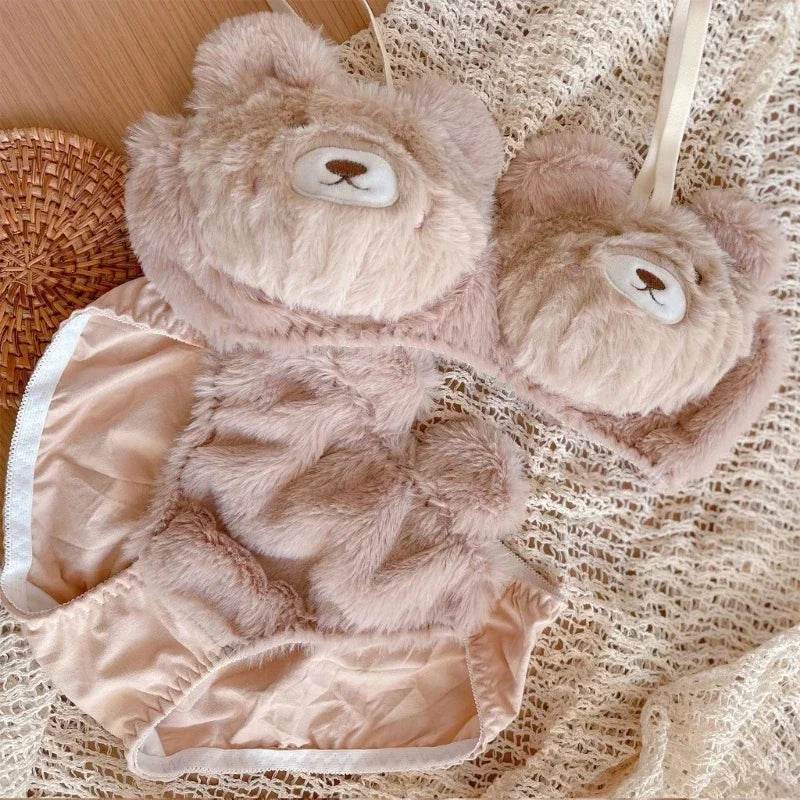 Women’s 2Pcs Furry Bra and Panty Set – Bear Pattern Fuzzy Plush Wireless Lingerie - CartRare