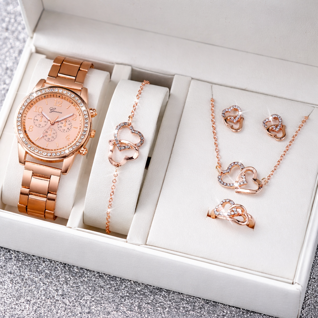 Luxury Women’s Rhinestone Quartz Watch & Double Heart Jewelry Set – 6PCS