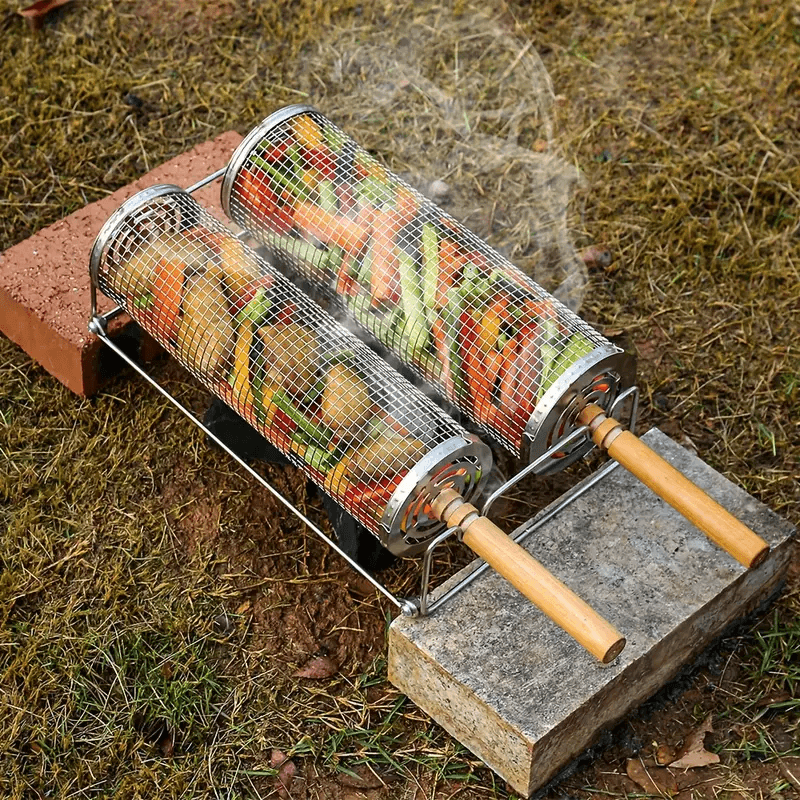 Stainless Steel BBQ Grill Basket with Wood Handle – Non-Stick Rolling Grilling Cage for Vegetables & Meat – Outdoor Camping & BBQ Accessories - CartRare