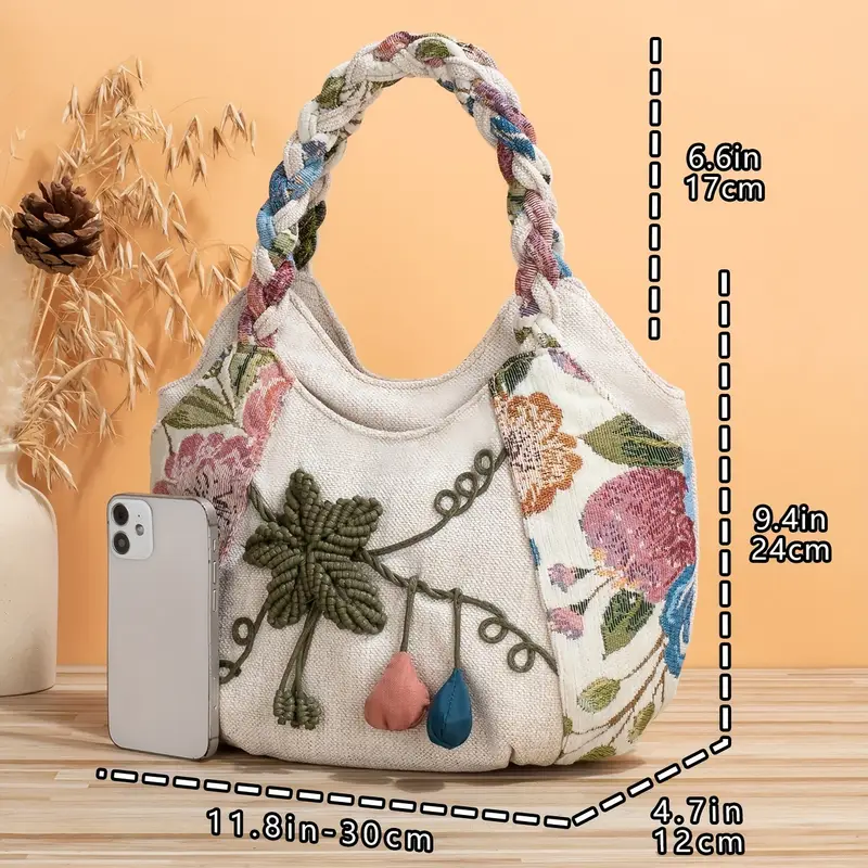 Handmade Bohemian Flower Tote Bag with Foldable Zipper, Shoulder Strap, and Matching Wristlet for Women’s Vacation