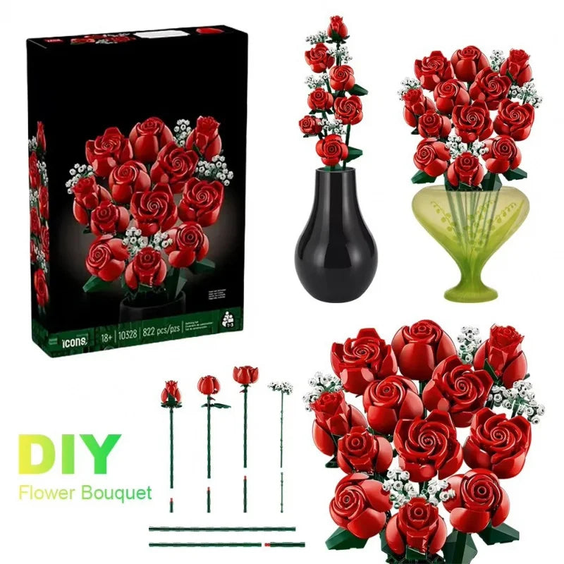 DIY flower bouquet kit with red roses, stems, and vases for home decor or gifts