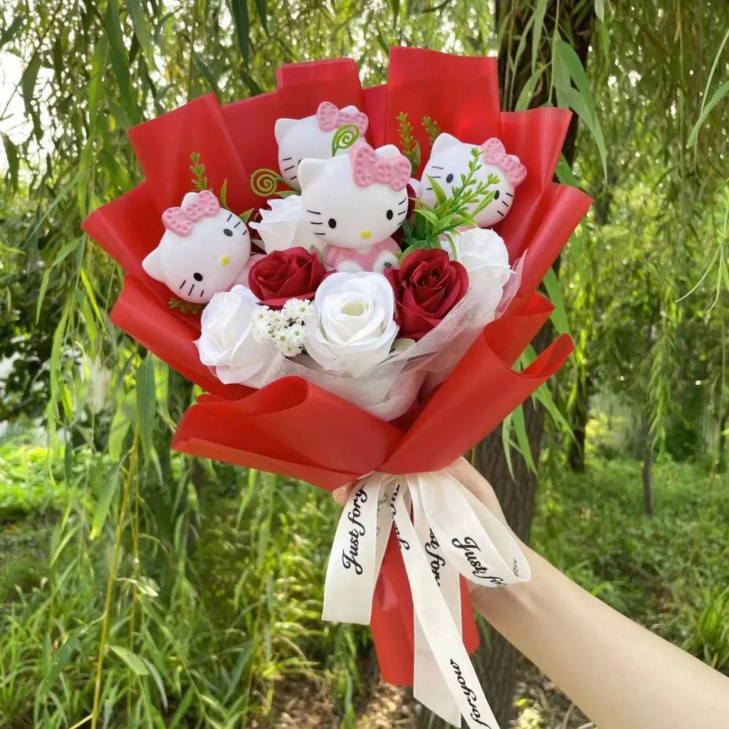 Cute Kawaii Cat Plush Bouquet with Artificial Flowers