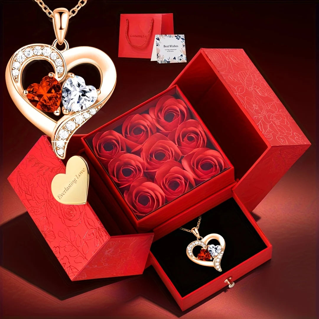 Women’s Double Heart Necklace – Romantic Jewelry in Rose Gift Box, Perfect Gift for Mother & Girlfriend on Valentine’s Day, Anniversary & Birthday
