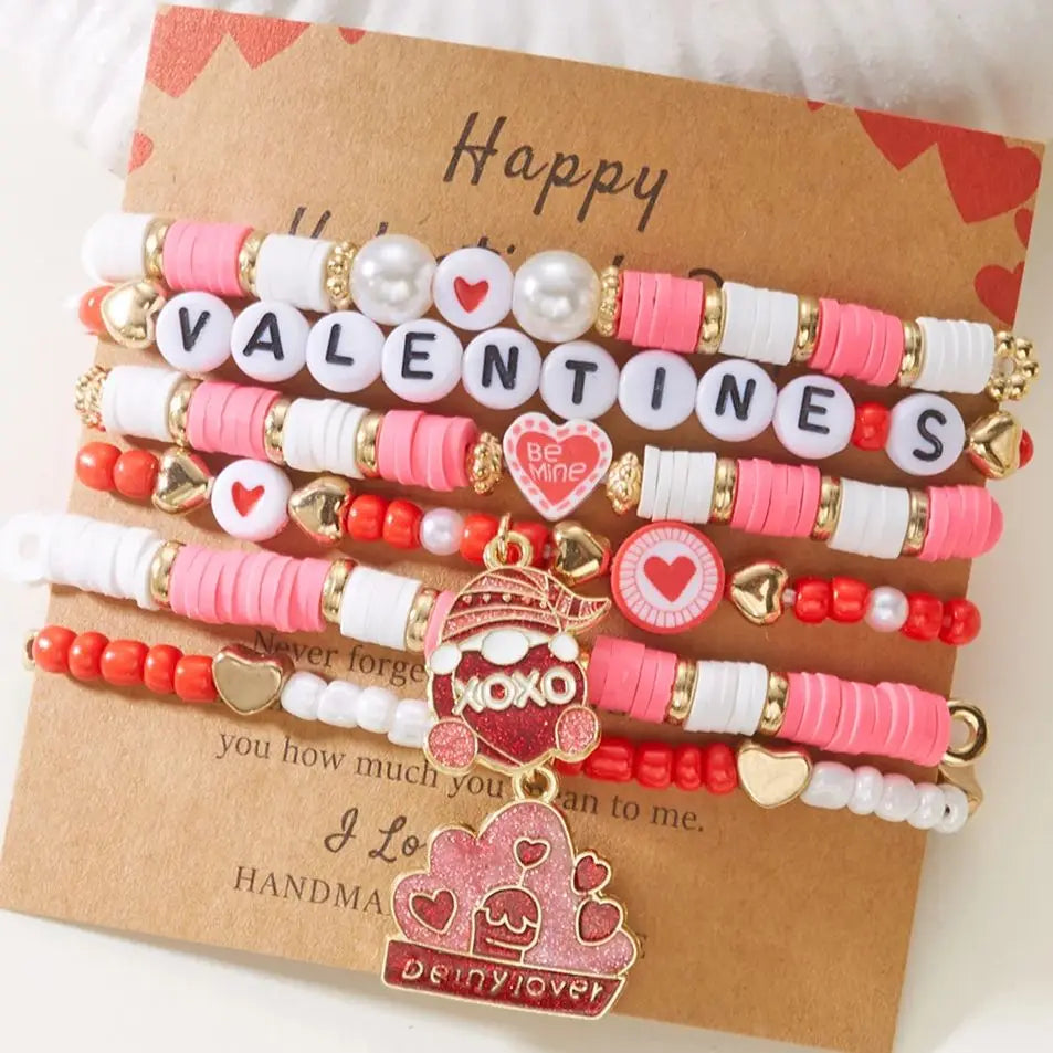 6Pcs Valentine Love Heart Bracelet Set Pink Beaded Bangles