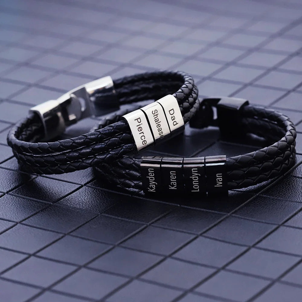 Personalized Men's Leather Bracelet – Custom Name Engraved Gift for Husband, Dad, Father's Day - CartRare