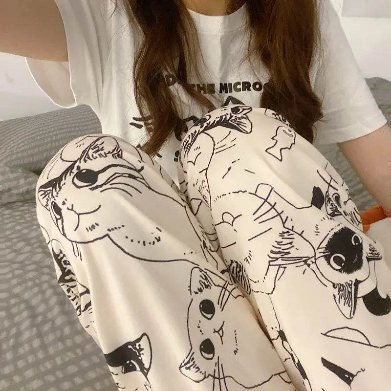 Cute Cat Print Pajama Trousers for Women Loose Fit Sleepwear Lounge Pants - CartRare