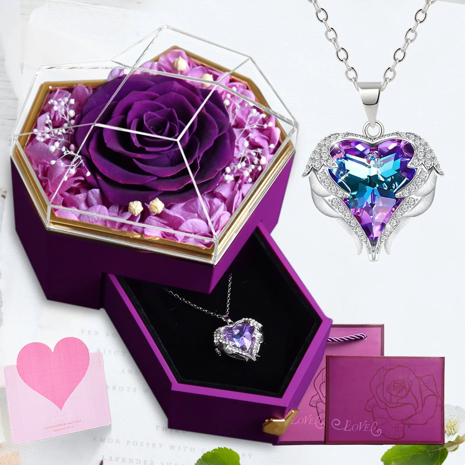 Ocean Heart Crystal Necklace – Eternal Rose Heart-Shaped Jewelry Box, Romantic Gift for Her on Valentine’s Day & Christmas