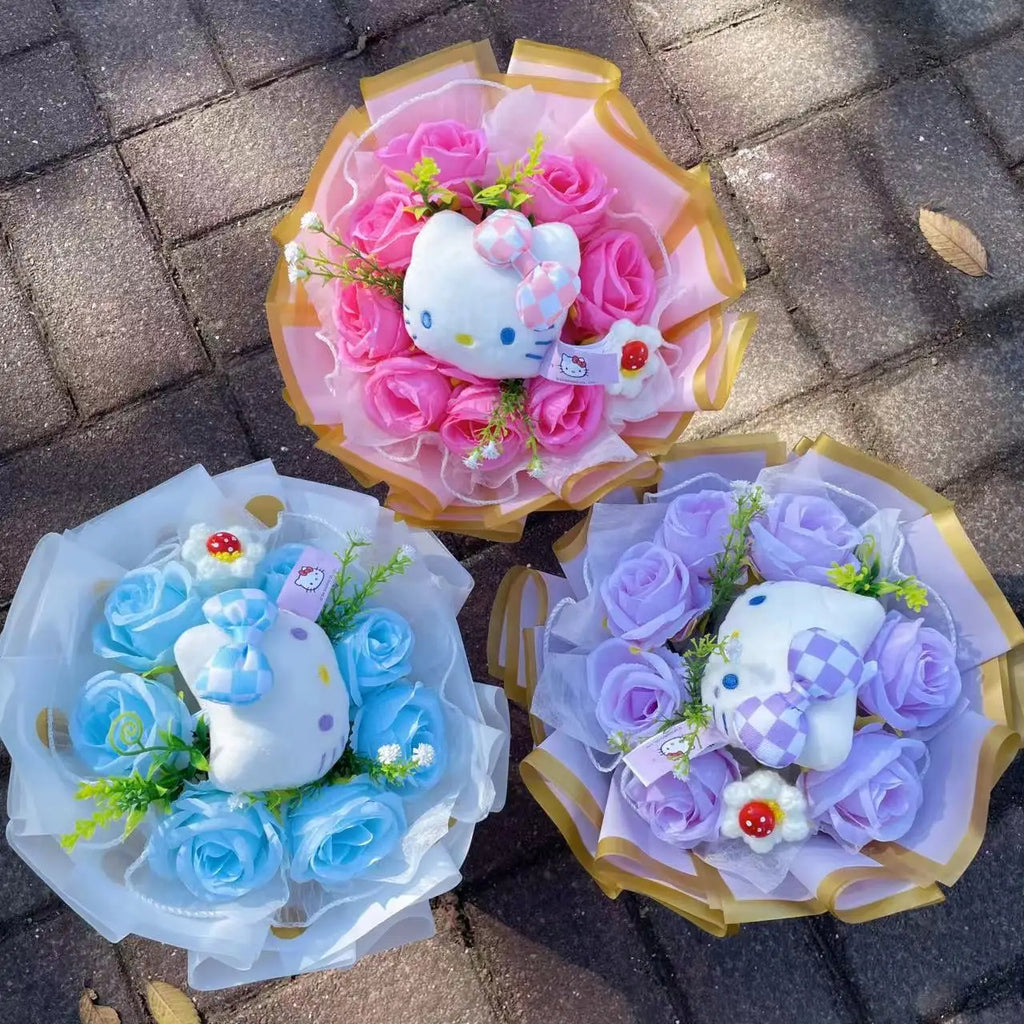 Cute Kawaii Cat Plush Bouquet with Artificial Flowers