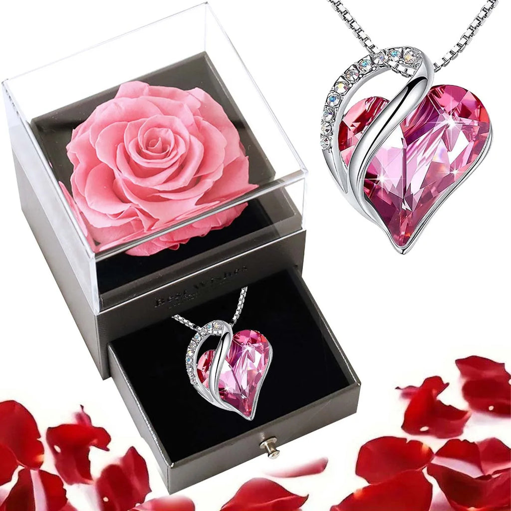 Pink heart crystal pendant necklace with preserved rose gift set, perfect for romantic occasions