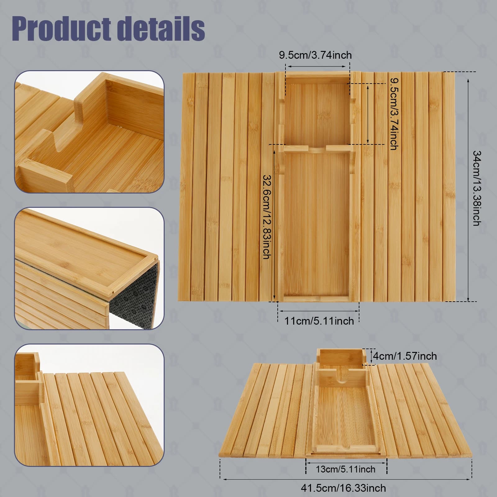 Wooden tray with dimensions on a gray background