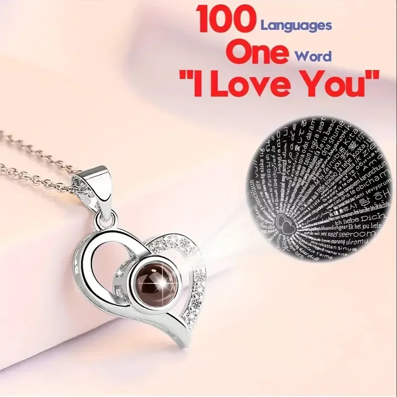 Heart-shaped pendant necklace with 'I Love You' in 100 languages, perfect gift for women