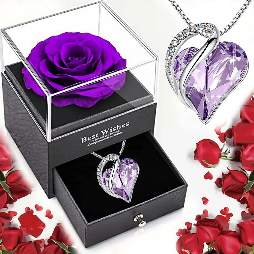 Purple rose in glass box with heart-shaped pendant necklace, perfect gift for loved ones