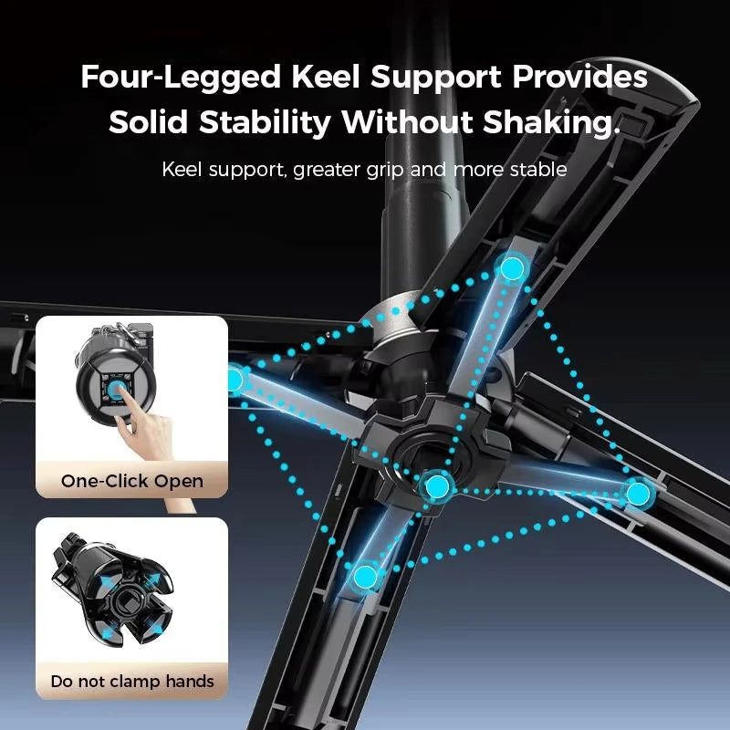 Four-legged keel support with text highlighting stability and features on a dark background