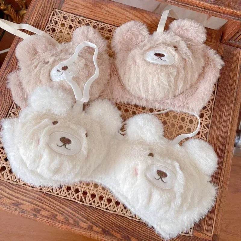 Women’s 2Pcs Furry Bra and Panty Set – Bear Pattern Fuzzy Plush Wireless Lingerie - CartRare