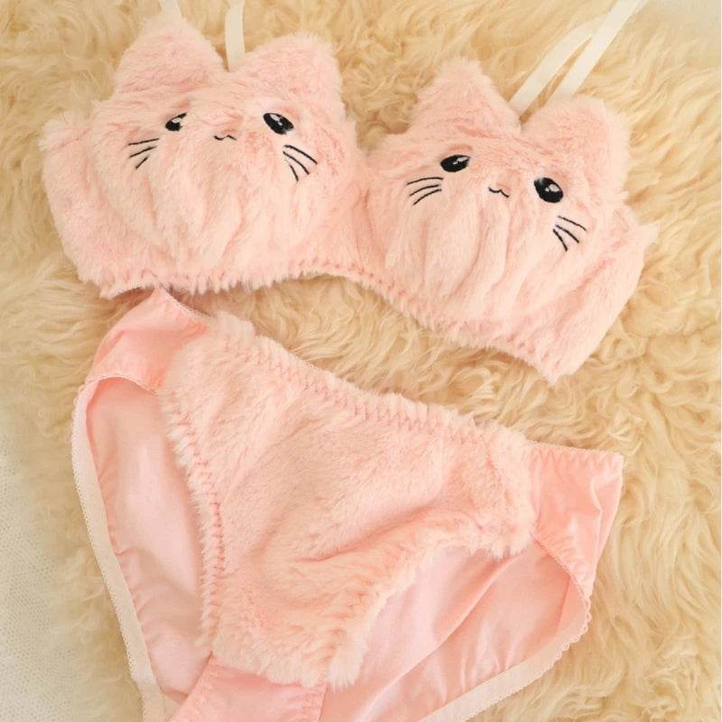 2-Piece Anime Lingerie Set – Soft Plush Bra & Panty with Cartoon Cats Design for Women & Girls - CartRare